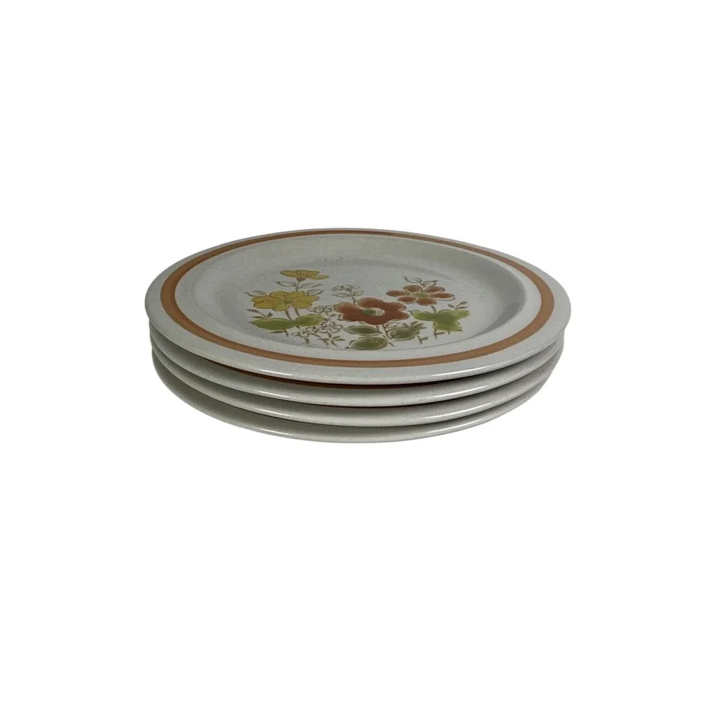 Vintage Floral Stoneware Bread Butter Plates Set 4 Brown Rim‎ 6.5 Inch Japan MCM
